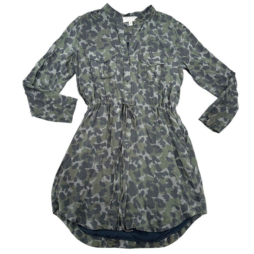 Cloth & Stone Anthropologie Camo Shirt Dress Green Button Front Drawstring L